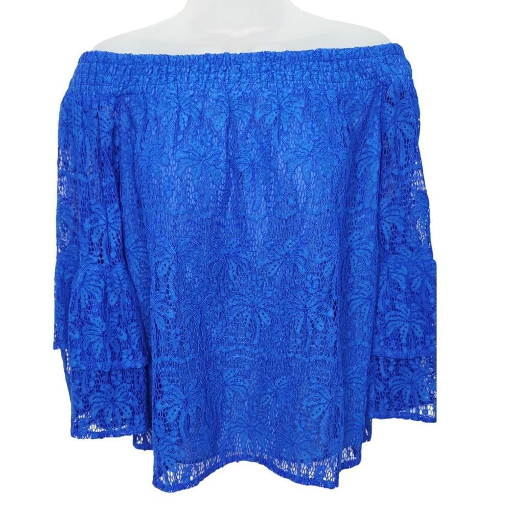 Lilly Pulitzer Blue Lace Ruffle Flare Sleeve Romantic Off Shoulder Blouse Size S